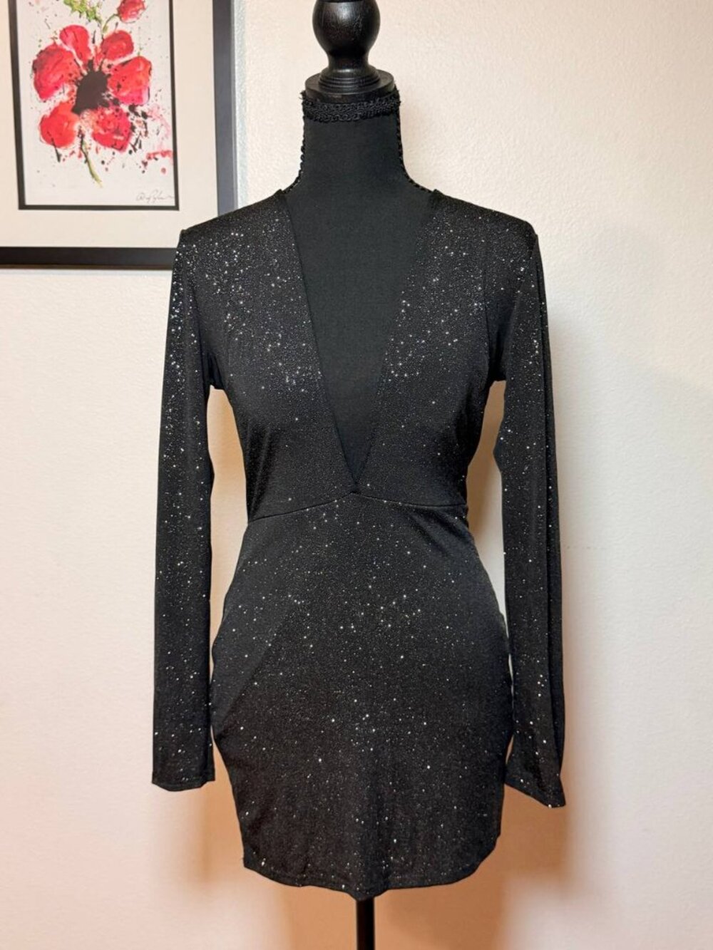 Black Glitter Plunge Mini Dress Bodycon Baddie Going Out Lucy in the Sky M